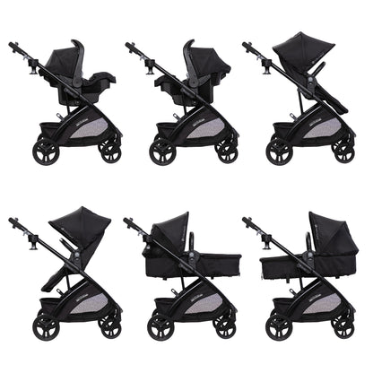 Baby Trend Passport Switch 6-in-1 stroller with EZ-Lift infant car seat in dash black, featuring a sleek black frame and versatile design.