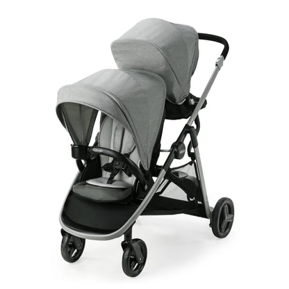 Graco Ready2Grow 2.0 double stroller with bench seat and standing platform, featuring sleek design and versatile seating options.