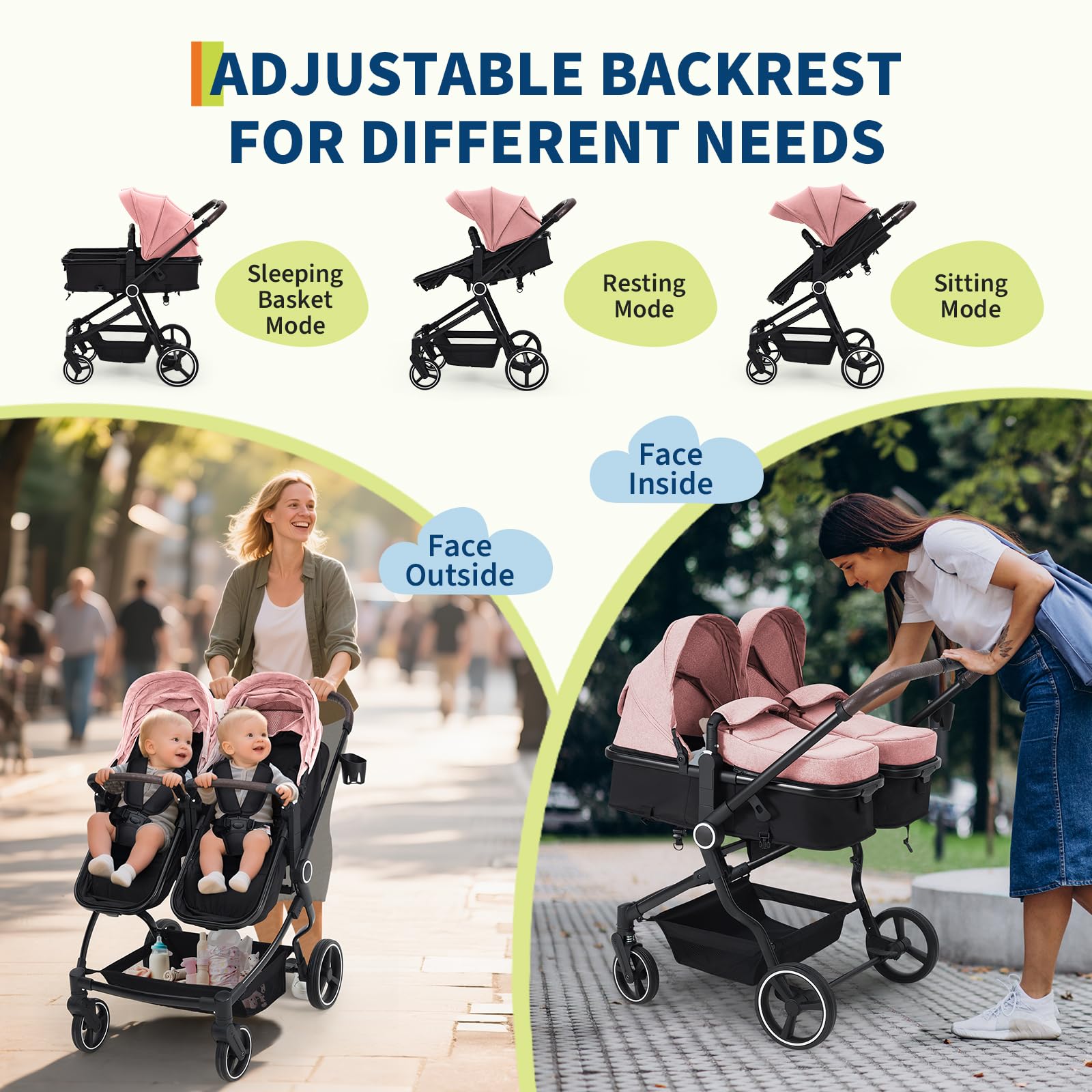 Lightweight twin stroller for infants and toddlers with adjustable canopy, reclining seats, and 5-point harness in a side-by-side design.