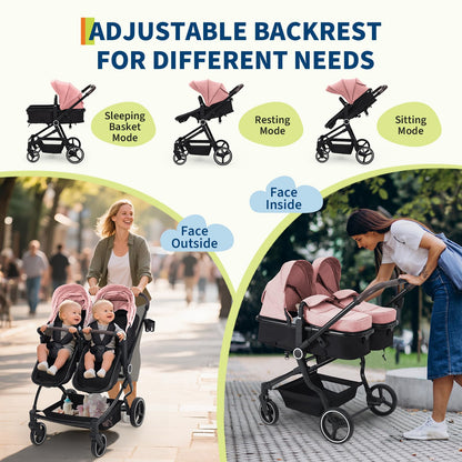 Lightweight twin stroller for infants and toddlers with adjustable canopy, reclining seats, and 5-point harness in a side-by-side design.
