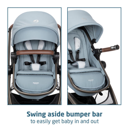 Maxi-Cosi Zelia Luxe 5-in-1 modular travel system with stroller, car seat, and accessories in stylish navy blue.