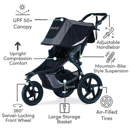 My Store BOB Gear Revolution Flex 3.0 Duallie jogging stroller in graphite black with two seats and all-terrain wheels.
