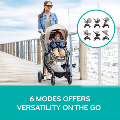 Evenflo Pivot Modular Travel System with LiteMax Preemie and Infant Car Seat in Casual Gray, featuring stroller and car seat components.