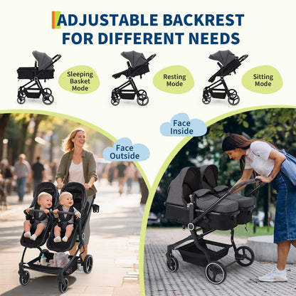 Pink double stroller for newborn and toddler with adjustable recline, canopy, parent cup holders, lightweight fold, suitable for twins and older kids.