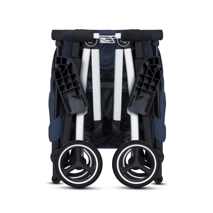 My Store gb Pockit+ All-Terrain lightweight travel stroller with canopy and reclining seat in velvet black, shown folded and open
