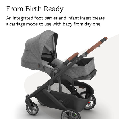 UPPAbaby Cruz V3 stroller in Greyson with charcoal frame and leather seat, includes infant insert, bug, and rain shields.