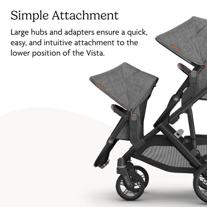 UPPAbaby RumbleSeat V3 second lower seat for Vista V2/V3 in Declan Oat Mélange with silver frame and chestnut leather, all-weather design.