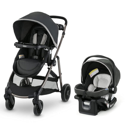 Graco Modes Element Canter travel system with stroller and infant car seat, featuring adjustable canopy and storage basket.