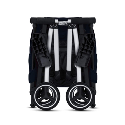 My Store gb Pockit+ All-Terrain lightweight travel stroller with canopy and reclining seat in Velvet Black, shown folded and open