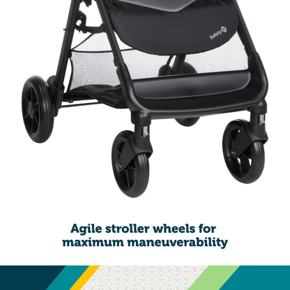 Safety 1st Smooth Ride travel system stroller with OnBoard FLX infant car seat, large canopy, ample storage, foldable, rear-facing.