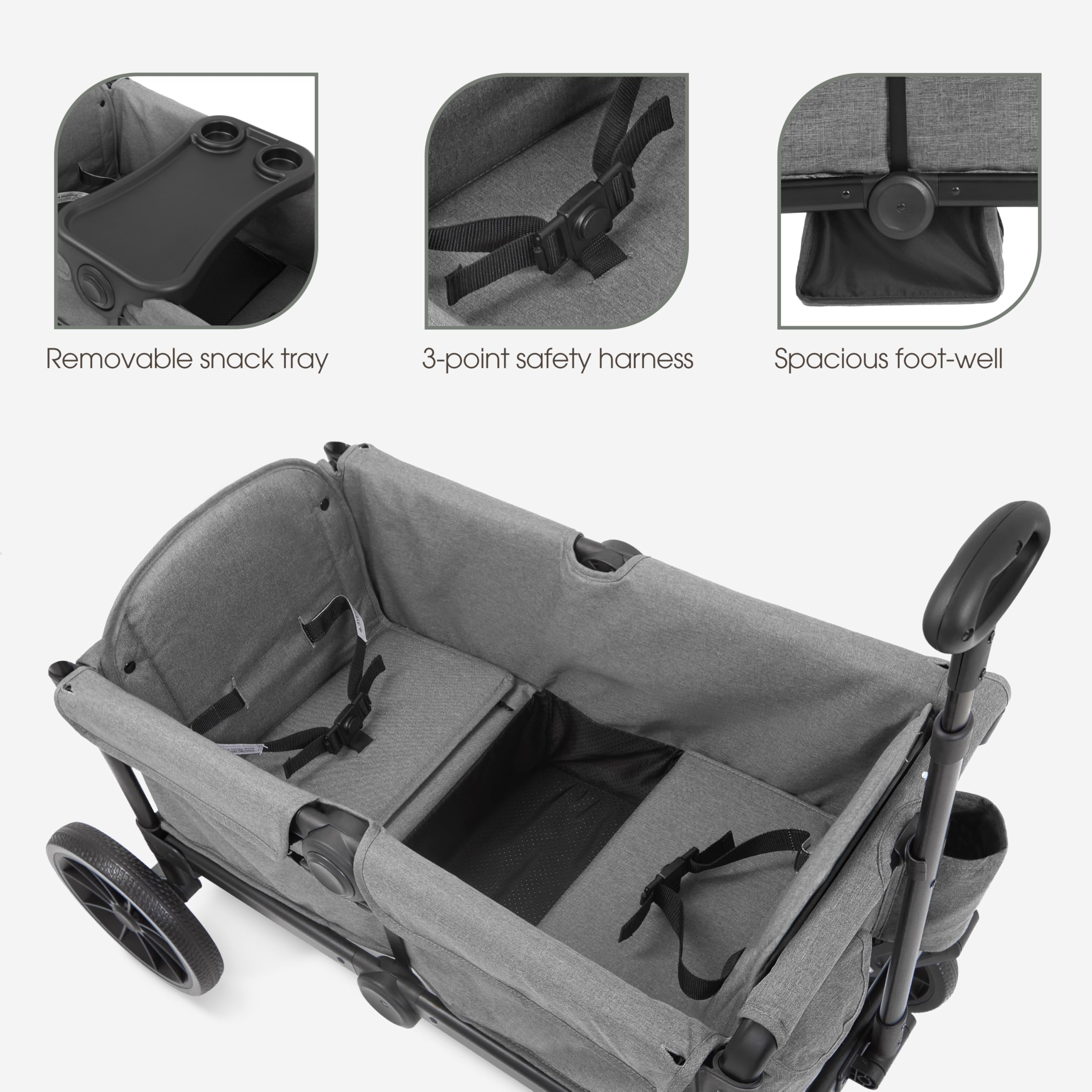 Evolur Trailblazer double wagon stroller in black with all-terrain wheels, 5-point harness, removable canopy, and spacious storage.