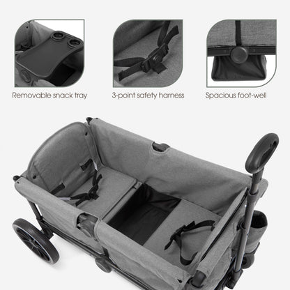 Evolur Trailblazer double wagon stroller in black with all-terrain wheels, 5-point harness, removable canopy, and spacious storage.