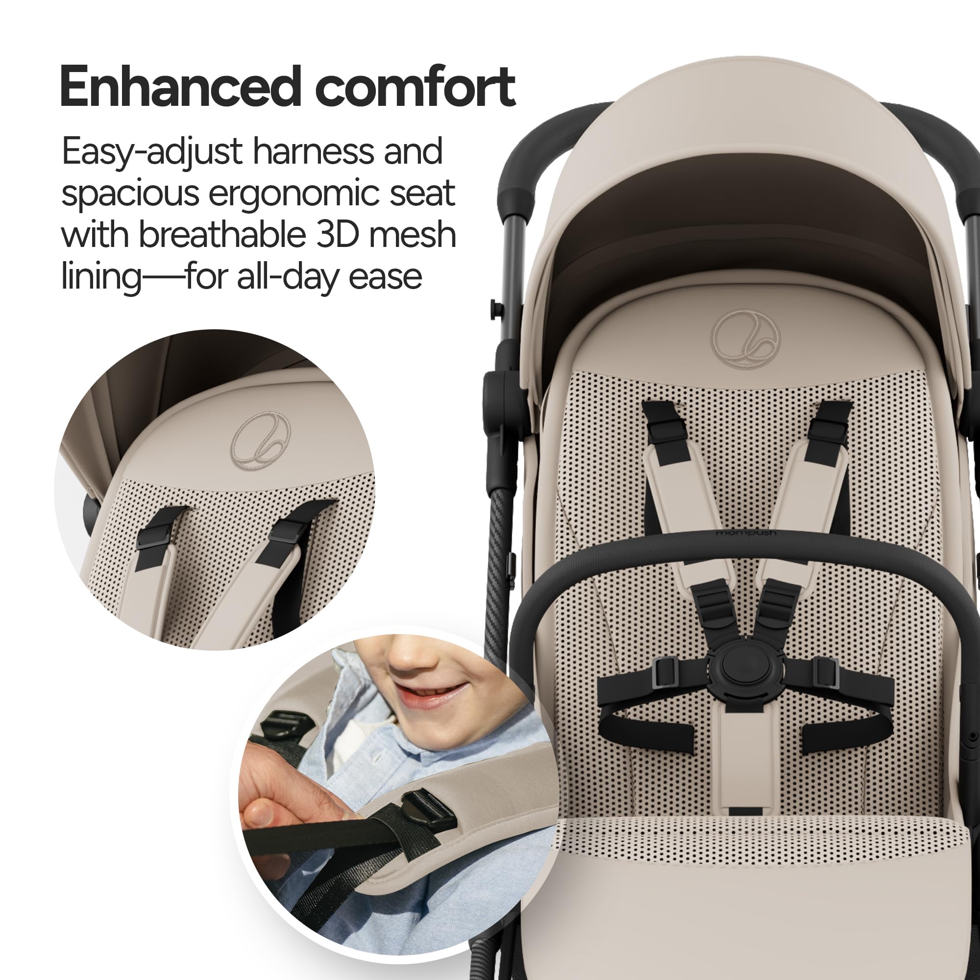 Mompush Nexis Carbon travel stroller by My Store, lightweight 11.5 lbs, compact, auto-fold, full recline, suitable from birth to 50 lbs.