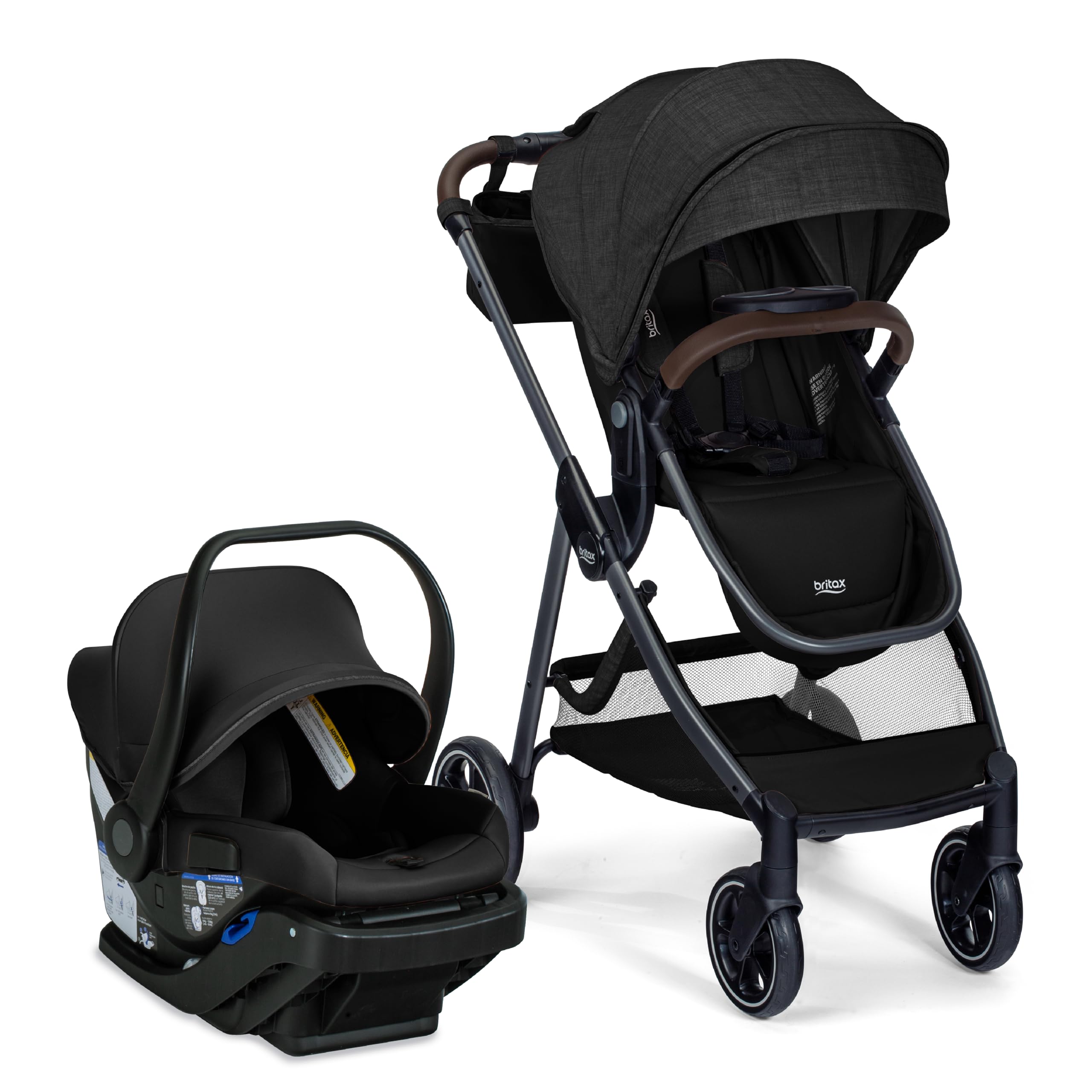 Britax Phases travel system with Arbor infant car seat, stroller in Raven Black, featuring parent organizer and DuoConnect 6-in-1 mode