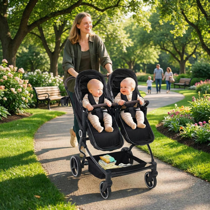 Lightweight double stroller for twins by My Store, side-by-side infant and toddler stroller with adjustable canopy and reclining seats.