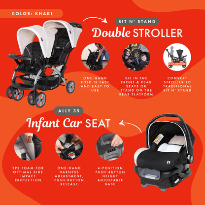 Baby Trend infant and toddler double stroller with car seat, lightweight and portable, in Stormy color, tandem travel system.