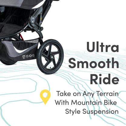 My Store BOB Gear Revolution Flex 3.0 Double Jogging Stroller in Graphite Black, showing the sturdy frame and twin seats.