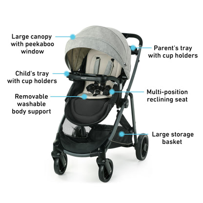 Gray Graco Modes Element travel system with stroller and car seat, featuring adjustable canopy and storage basket.