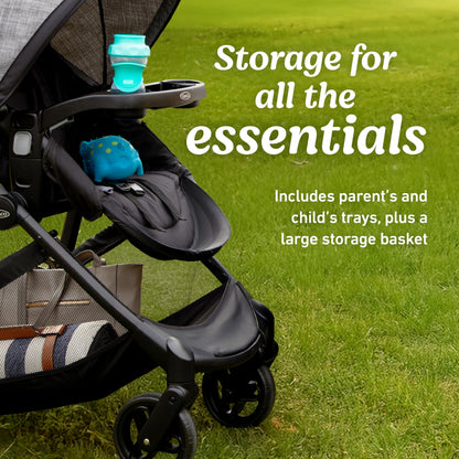 Graco Modes Element Canter travel system with stroller and infant car seat, featuring adjustable handle and safety harness.