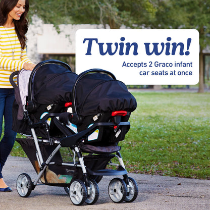 Graco DuoGlider double stroller with tandem seating in glacier color, lightweight design, suitable for two children.