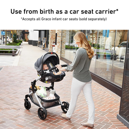 Graco Modes Nest travel system with SnugRide DLX infant car seat and adjustable stroller, featuring modular car seat and toddler stroller.