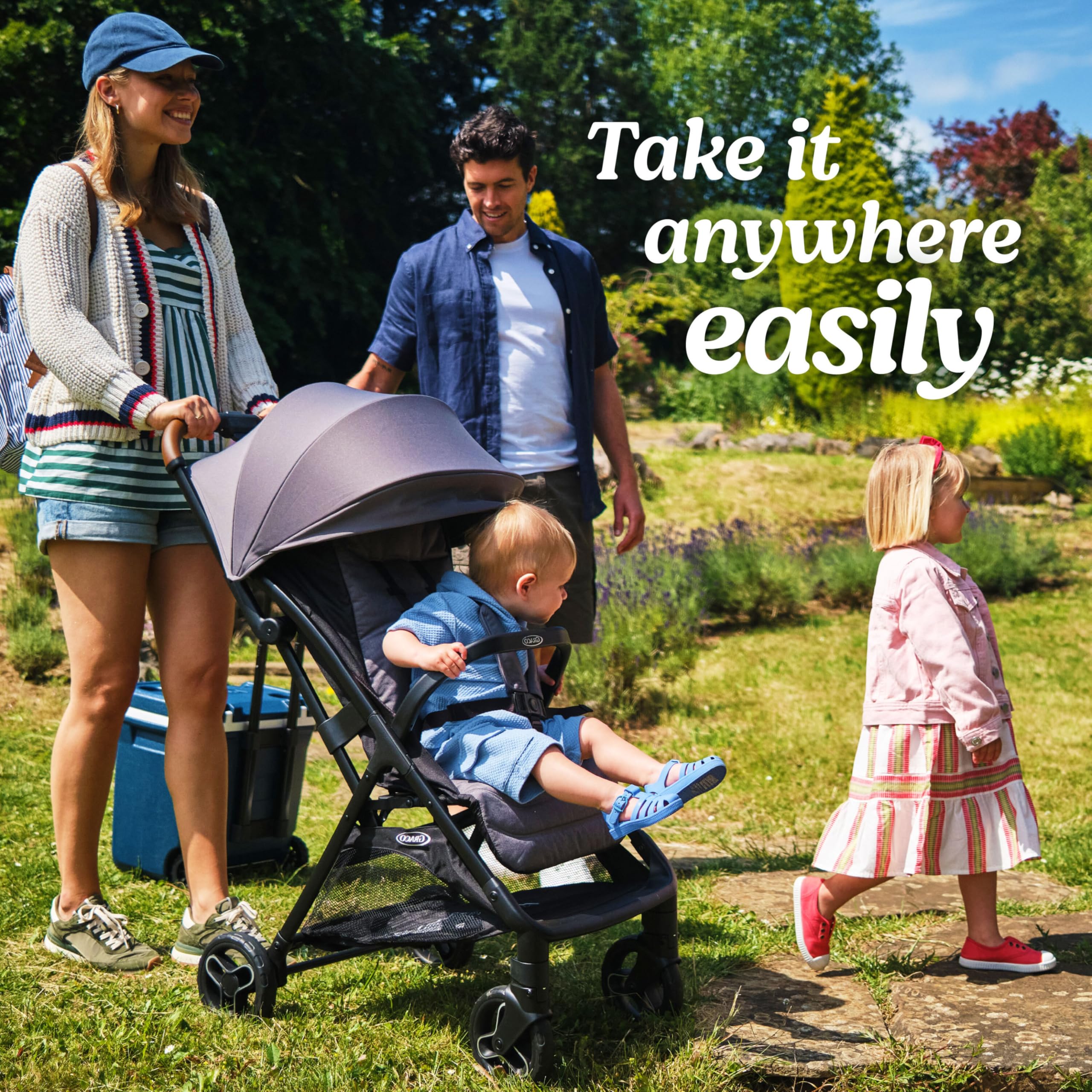 Graco Ready2Jet compact travel stroller with automatic fold, overhead friendly design, lightweight and easy to maneuver.