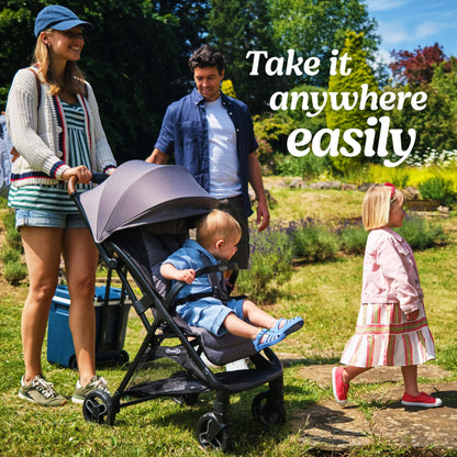 Graco Ready2Jet compact travel stroller with automatic fold, overhead friendly design, lightweight and easy to maneuver.