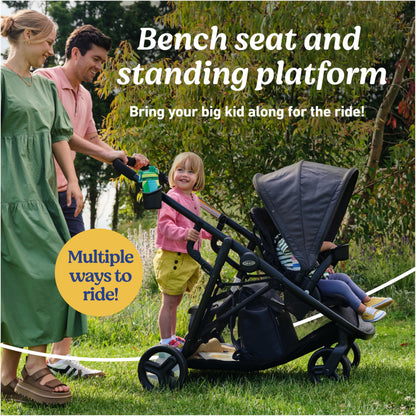 Graco Ready2Grow 2.0 double stroller with bench seat and standing platform, featuring Rafa design, shown with children seated.