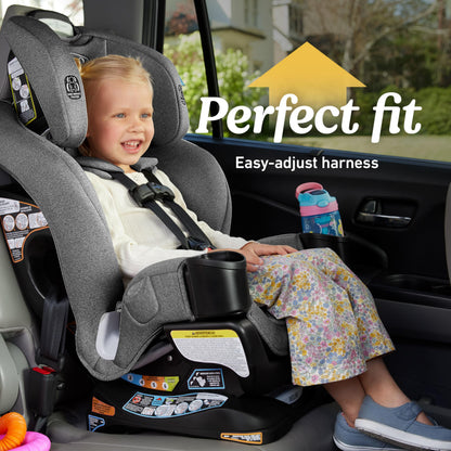 Graco Extend2Fit convertible baby car seat in Gotham color, rear and forward facing with adjustable extension panel for extra legroom.