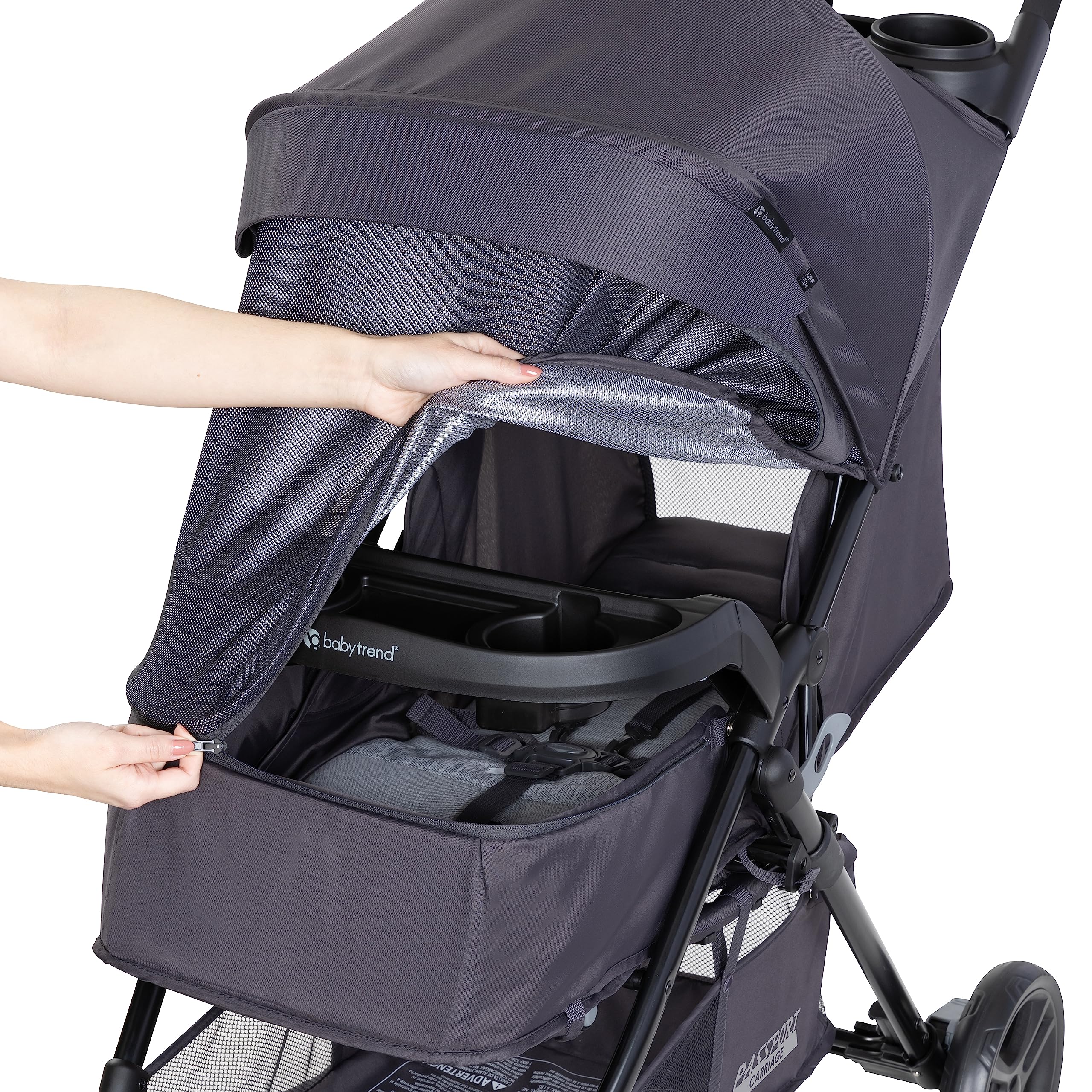 Baby Trend Passport cargo stroller with pink bamboo accents and EZ-Lift infant car seat, designed for convenient travel with babies.
