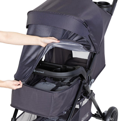 Baby Trend Passport cargo stroller with pink bamboo accents and EZ-Lift infant car seat, designed for convenient travel with babies.